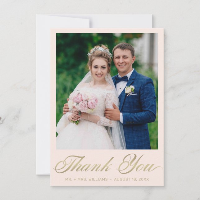 Wedding Photo Blush Elegant Gold Script Thank You Card (Front)