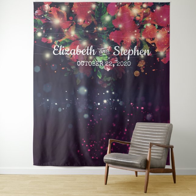 Wedding Photo Booth Backdrop Floral String Lights Tapestry (In Situ)