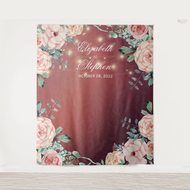 Wedding Photo Booth Backdrop Floral String Lights Tapestry (Front)