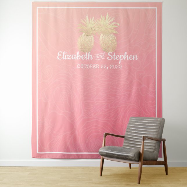 Wedding Photo Booth Backdrop Gold Pineapple Couple Tapestry (In Situ)