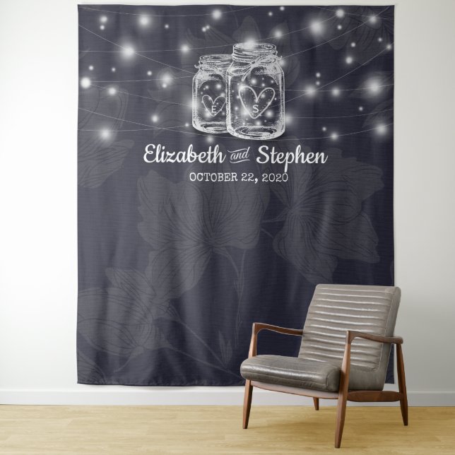 Wedding Photo Booth Backdrop Mason Jars Lights Tapestry (In Situ)