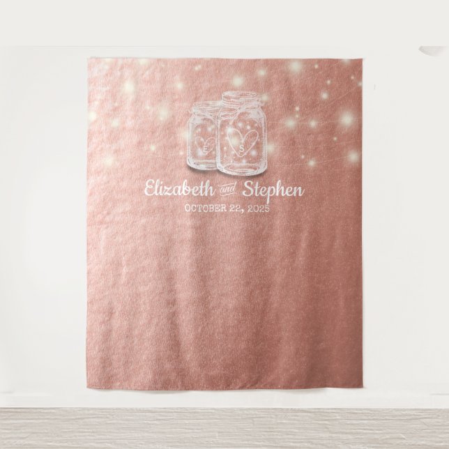 Wedding Photo Booth Backdrop Mason Jars Rose Gold Tapestry (Front)