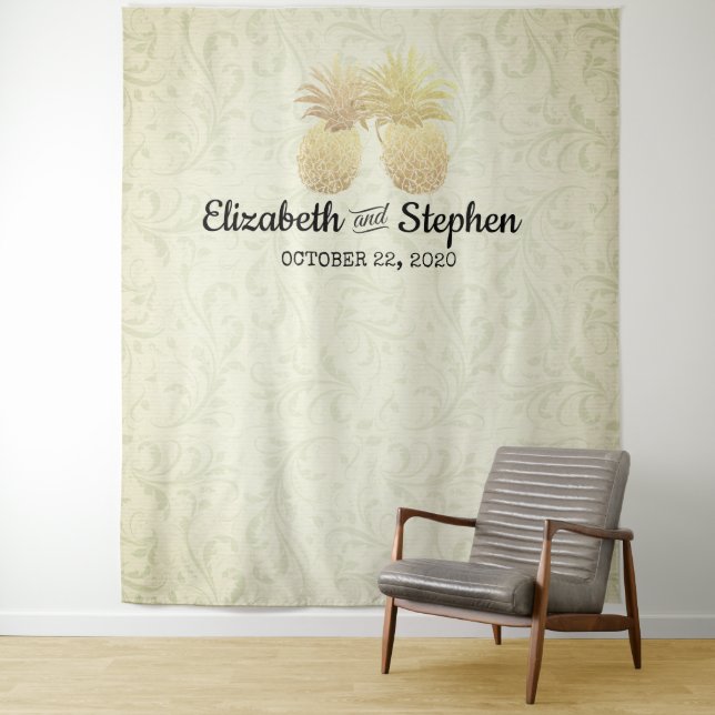 Wedding Photo Booth Backdrop Modern Gold Pineapple Tapestry (In Situ)