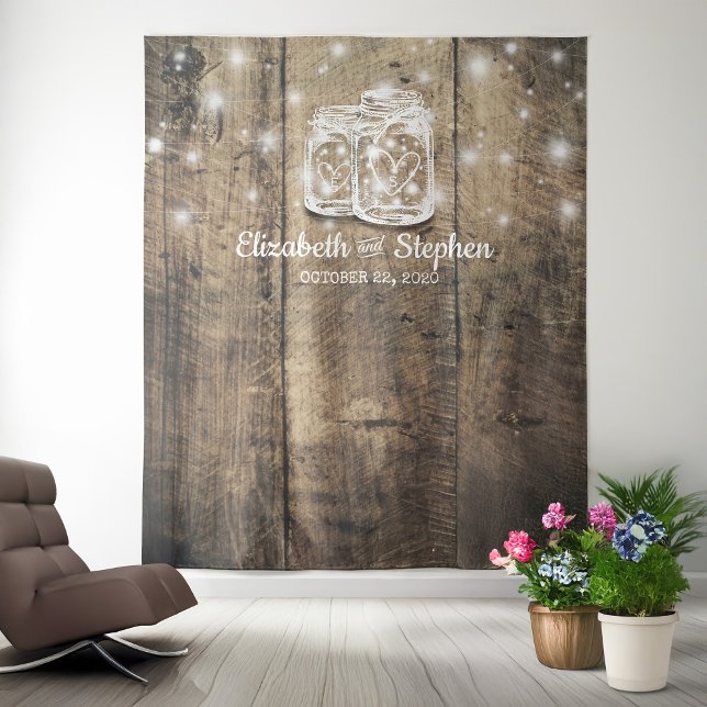 Wedding Photo Booth Backdrop Wood Mason Jar Lights Tapestry (Creator Uploaded)