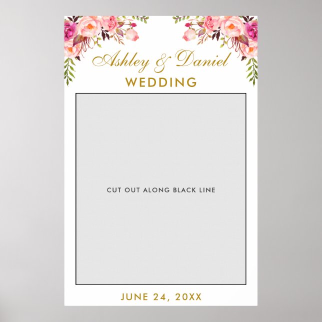 Wedding Photo Booth Prop | Pink Floral Gold Poster (Front)