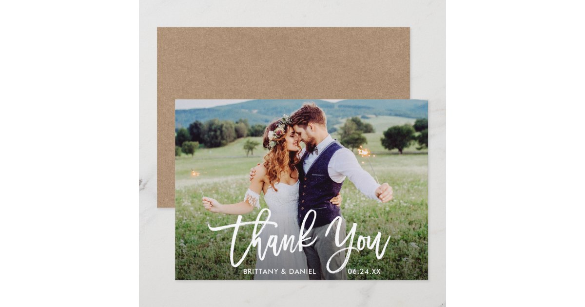 Wedding Photo Brush Script Kraft Thank You Card | Zazzle