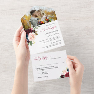 Wedding Photo Burgundy Blush Botanical Floral All In One Invitation