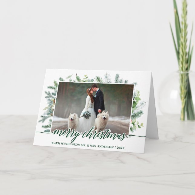 Wedding Photo Calligraphy Christmas Pine Greenery Holiday Card (Front)