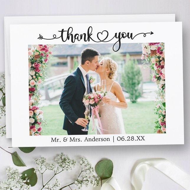 Wedding Photo Calligraphy Script Heart  Thank You Card (Customize to change your personalized text size or text style.)