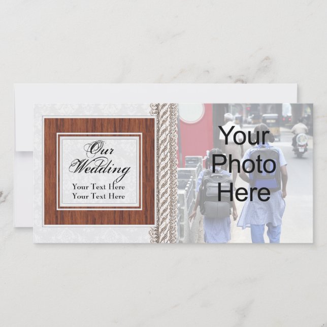 Wedding Photo Card, White Cord with Wood Frame Announcement (Front)