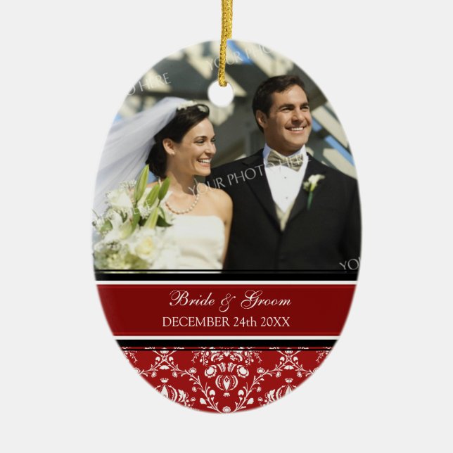 Wedding Photo Christmas Ornament Red Damask (Front)