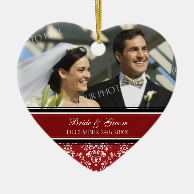 Wedding Photo Christmas Ornament Red Damask (Front)