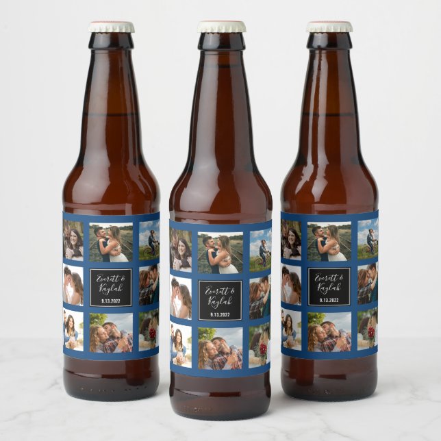 Wedding photo collage black and blue beer bottle label (Bottles)