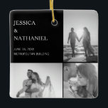 Wedding Photo Collage | Black Christmas Ceramic Ornament<br><div class="desc">This keepsake ornament makes for a special favour for your wedding guests. Design features three photos over a black background on the front and one full bleed photo on the back. Use the template to add your names, wedding date and venue. This Christmas ornament also makes a great gift to...</div>