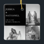 Wedding Photo Collage | Black Christmas Ceramic Ornament<br><div class="desc">This keepsake ornament makes for a special favour for your wedding guests. Design features three photos over a black background on the front and one full bleed photo on the back. Use the template to add your names, wedding date and venue. This Christmas ornament also makes a great gift to...</div>