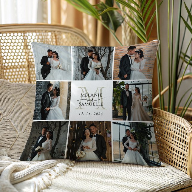 Wedding Photo Collage Bride and Groom Monogram  Cushion (Creator Uploaded)