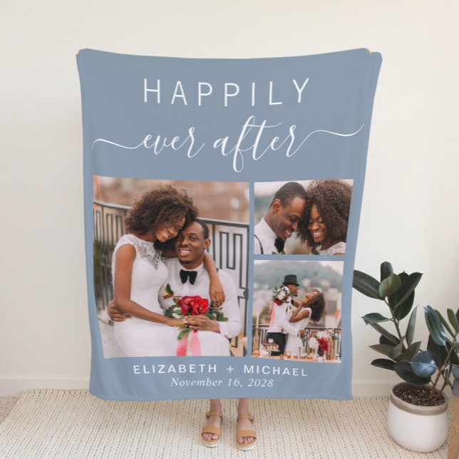 Wedding Photo Collage Dusty Blue Fleece Blanket (Creator Uploaded)