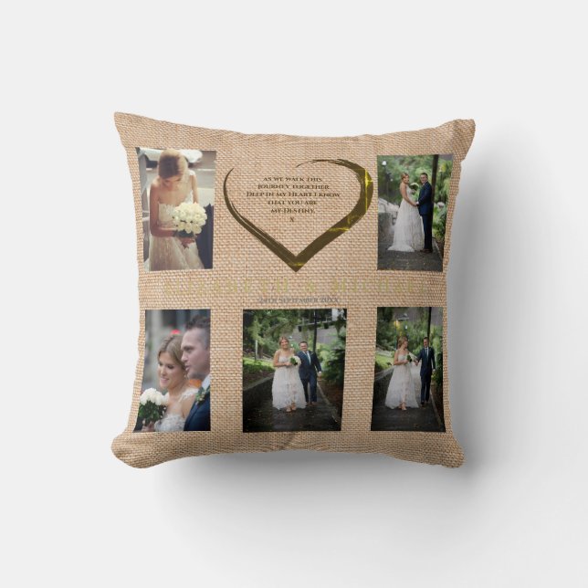 Wedding Photo Collage Rustic Hessian Heart Quote   Cushion (Front)