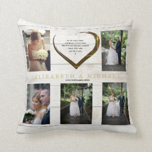 Wedding Photo Collage Rustic Simple Heart Quote Cushion