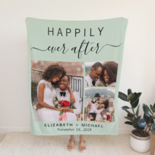 Wedding Photo Collage Sage Green Fleece Blanket