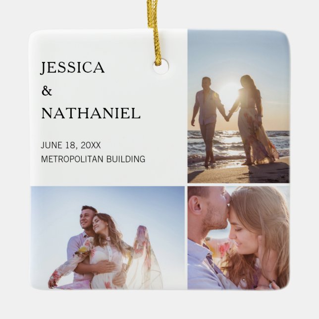 Wedding Photo Collage | White Christmas Ceramic Ornament (Front)