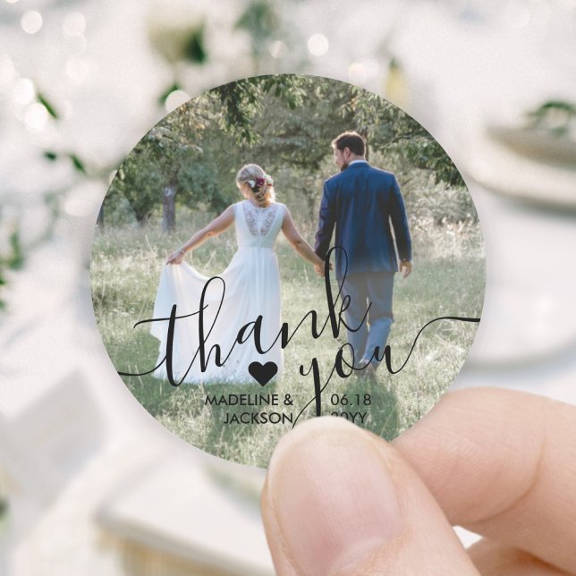 Wedding Photo & Elegant Black Script Thank You Classic Round Sticker (Creator Uploaded)