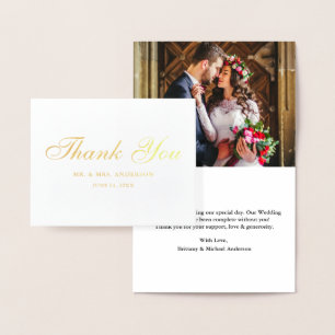 Wedding Photo Elegant Script Thank You Note Gold Foil Card