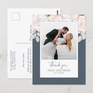 Wedding Photo Elegant Thank You Floral Grey Postcard