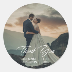 Wedding Photo & Elegant White Script Thank You Cla Classic Round Sticker