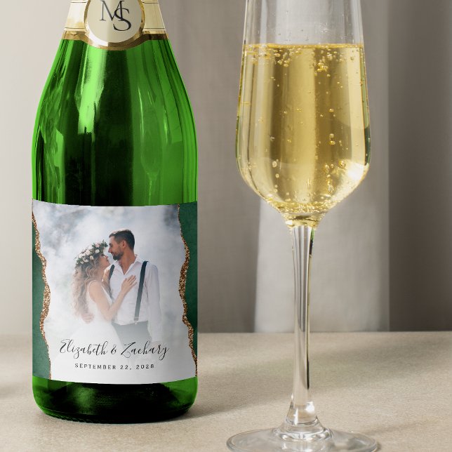 Wedding Photo Emerald Green Gold Agate Sparkling Wine Label (Creator Uploaded)