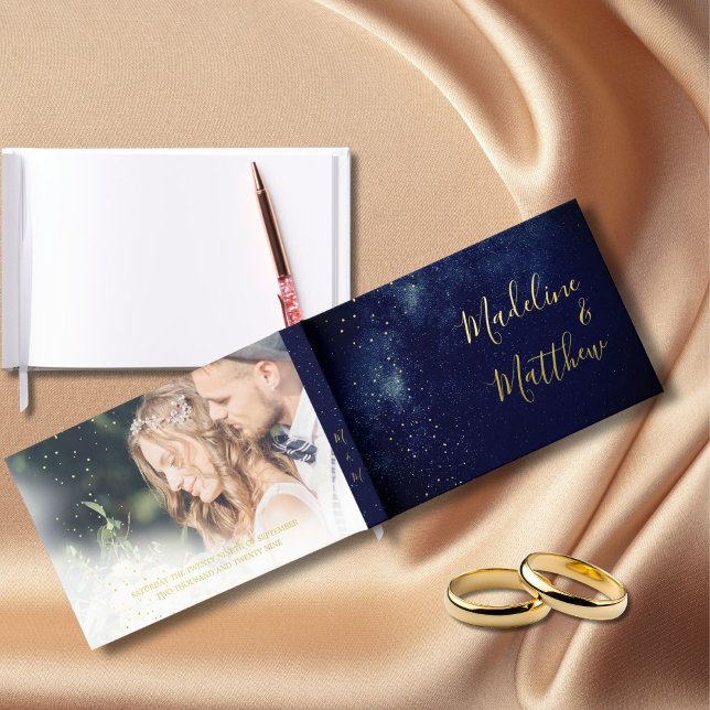 Wedding Photo Evening Sky Moon Gold Stars Blue  Guest Book (Creator Uploaded)