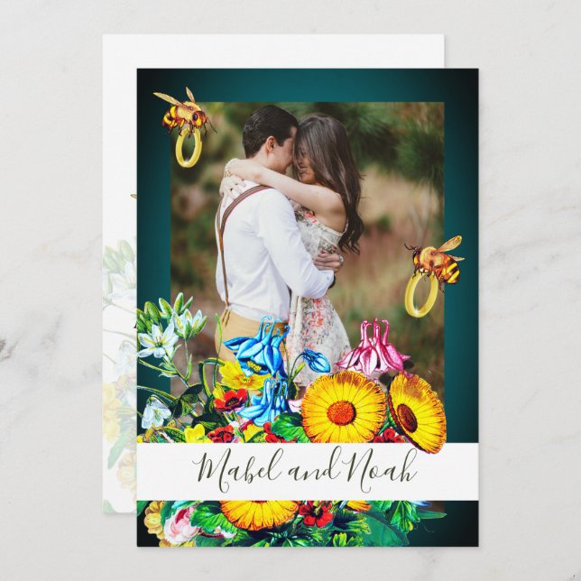 Wedding Photo Floral Bees Emerald Gold Eco  Invitation (Front/Back)