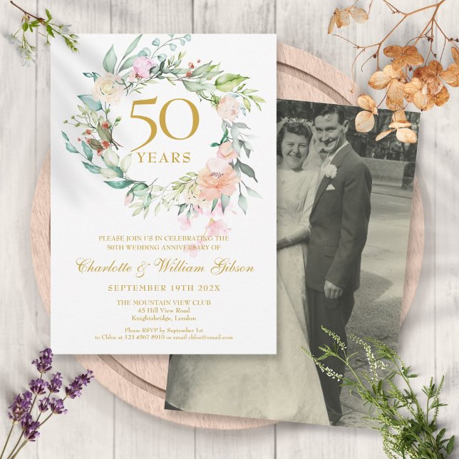 Wedding Photo Floral Garland 50th Anniversary Invitation (Creator Uploaded)