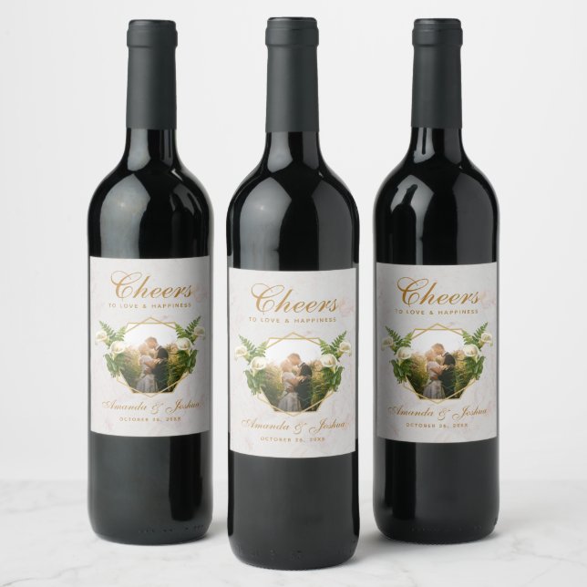 Wedding Photo Floral Geometric Calla Lilies Marble Wine Label (Bottles)