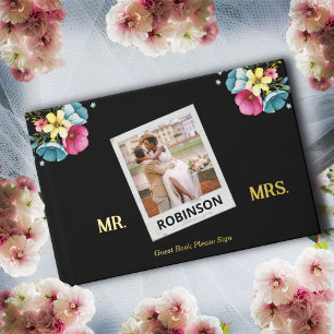 Wedding Photo Flowers Gold Elegant Personalise Guest Book