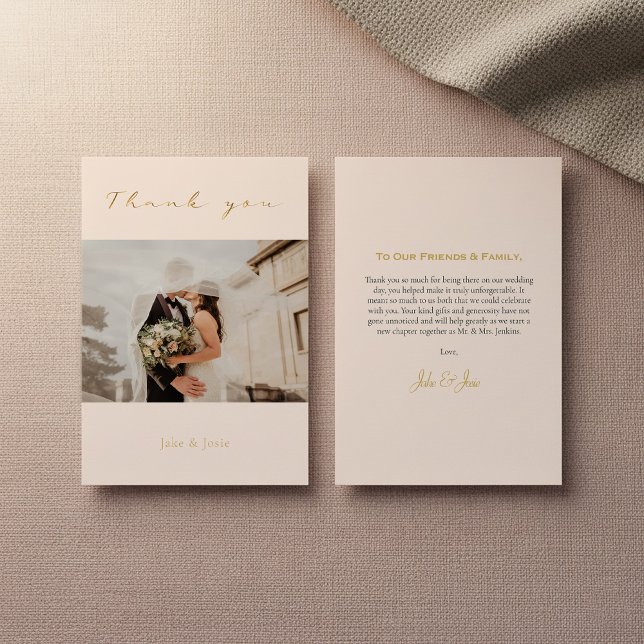 Wedding photo, gold effect, thank you card (Wedding photo, gold effect, thank you card with message.)