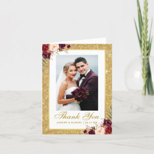 Wedding Photo Gold Glitter Burgundy Floral Note Thank You Card