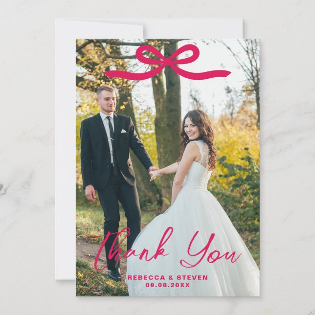 Wedding Photo Guest Appreciation Pink Bow Thank You Card (Front)