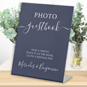 Wedding Photo Guest Modern Calligraphy Navy Blue Pedestal Sign