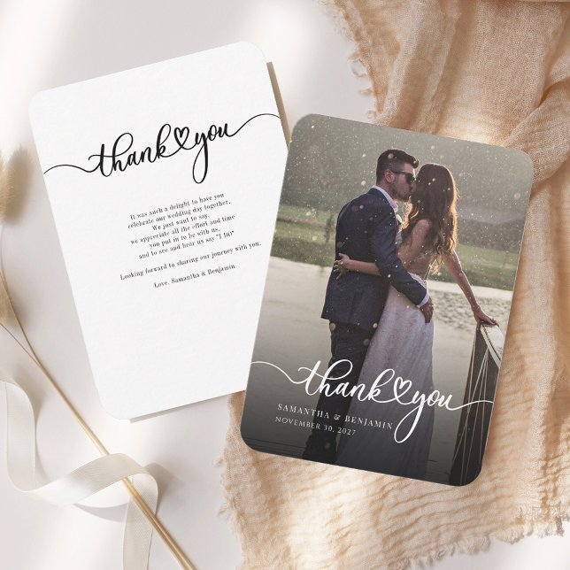 Wedding Photo Hand-Lettered Thank You Card (Wedding Day Photo Rounded Corner Thank You Notecard)
