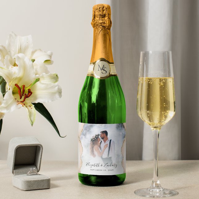 Wedding Photo Ivory Gold Agate Sparkling Wine Label (Creator Uploaded)