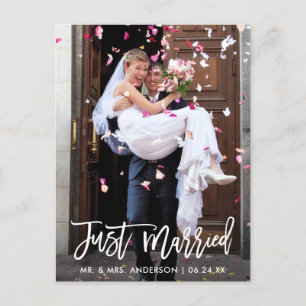 Wedding Photo Just Married Modern Brush Script Postcard