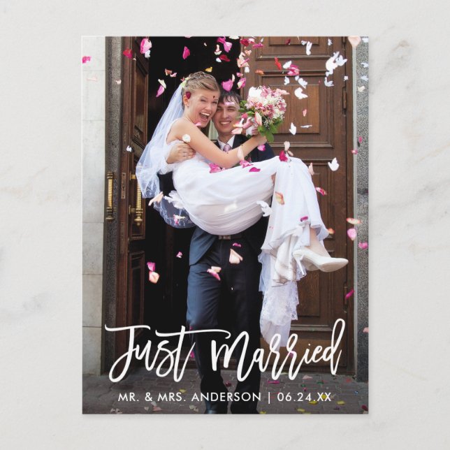 Wedding Photo Just Married Modern Brush Script Postcard (Front)