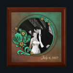Wedding Photo Keepsake Box<br><div class="desc">Elegant wooden box, with graphic tile lid. Lovely graphics of a mottled brown and green background, with a circular photo area, decorated with flowers. Custom text, at the bottom, is ready to personalise to read anything you want. Add your own wedding photograph and text to make this a special keepsake...</div>