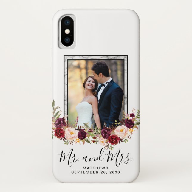 Wedding Photo Keepsake Burgundy Floral Marble Case-Mate iPhone Case (Back)