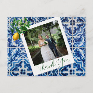 Wedding Photo Lemon Blue Tile  Elegant Thank You Postcard