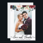 Wedding Photo Love and Thanks Burgundy Blue Floral Thank You Card<br><div class="desc">Watercolor Burgundy Blue Floral Wedding Love and Thanks Photo Elegant Script Thank You Card</div>