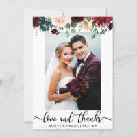Wedding Photo Love and Thanks Burgundy Blue Floral