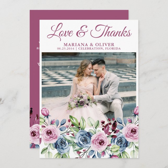 Wedding Photo Love and Thanks Card Navy Blue Wine (Front/Back)