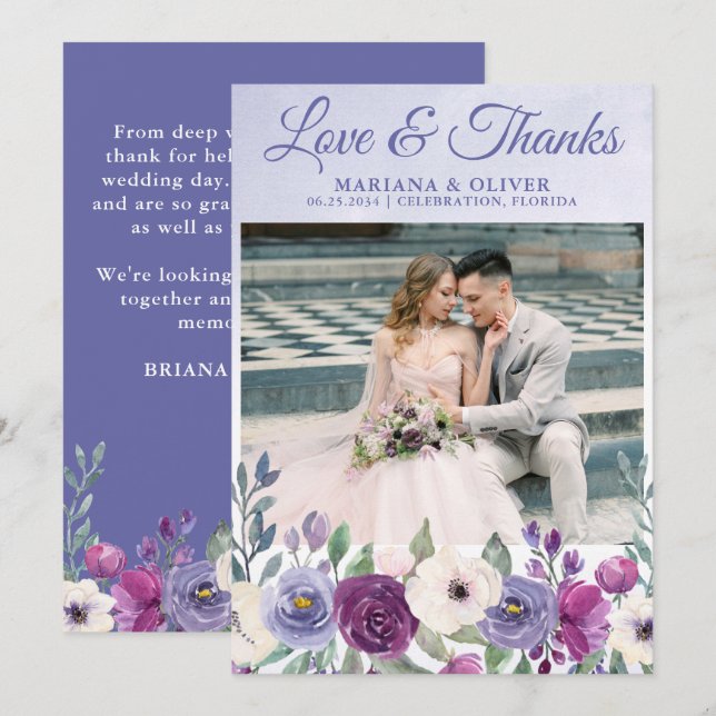 Wedding Photo Love and Thanks Card Purple Fuchsia (Front/Back)